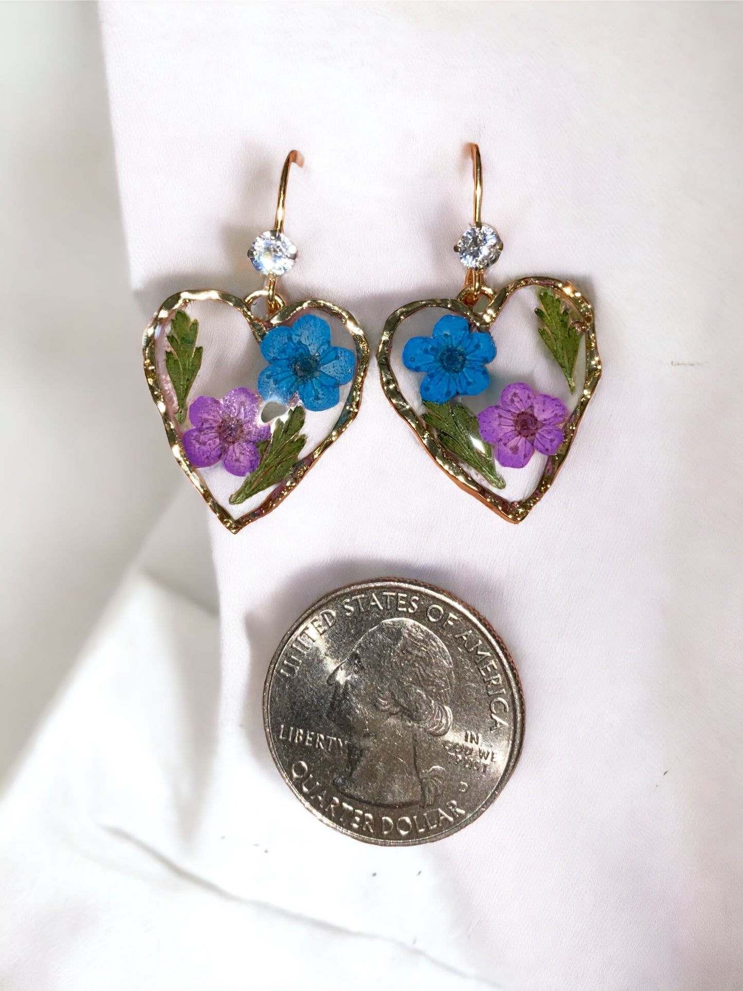 Purple and Blue Plum Blossom Flowers with Dry Pressed Fern Earrings
