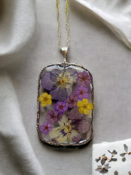 Purple Pansies with Dry Pressed Purple, and Yellow Plum Blossom Flowers Necklace