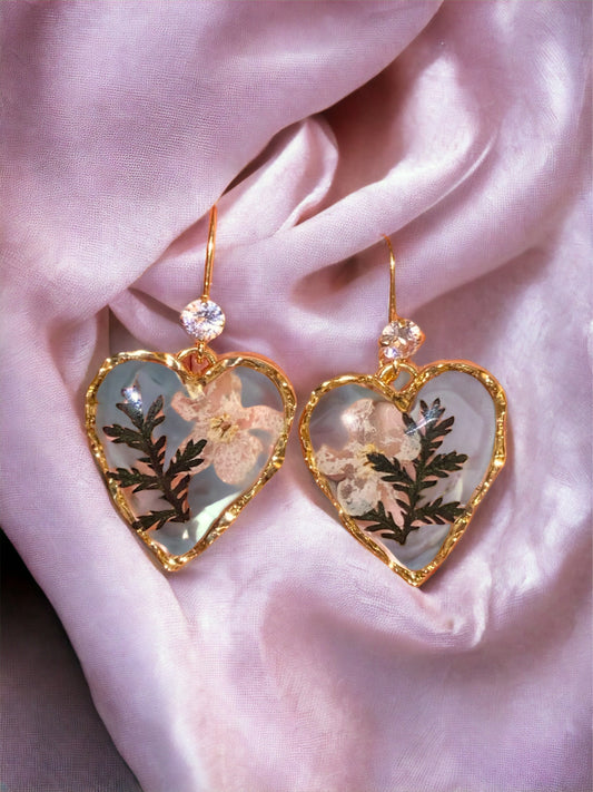 White Plum Blossoms with Black Dyed Fern Earrings
