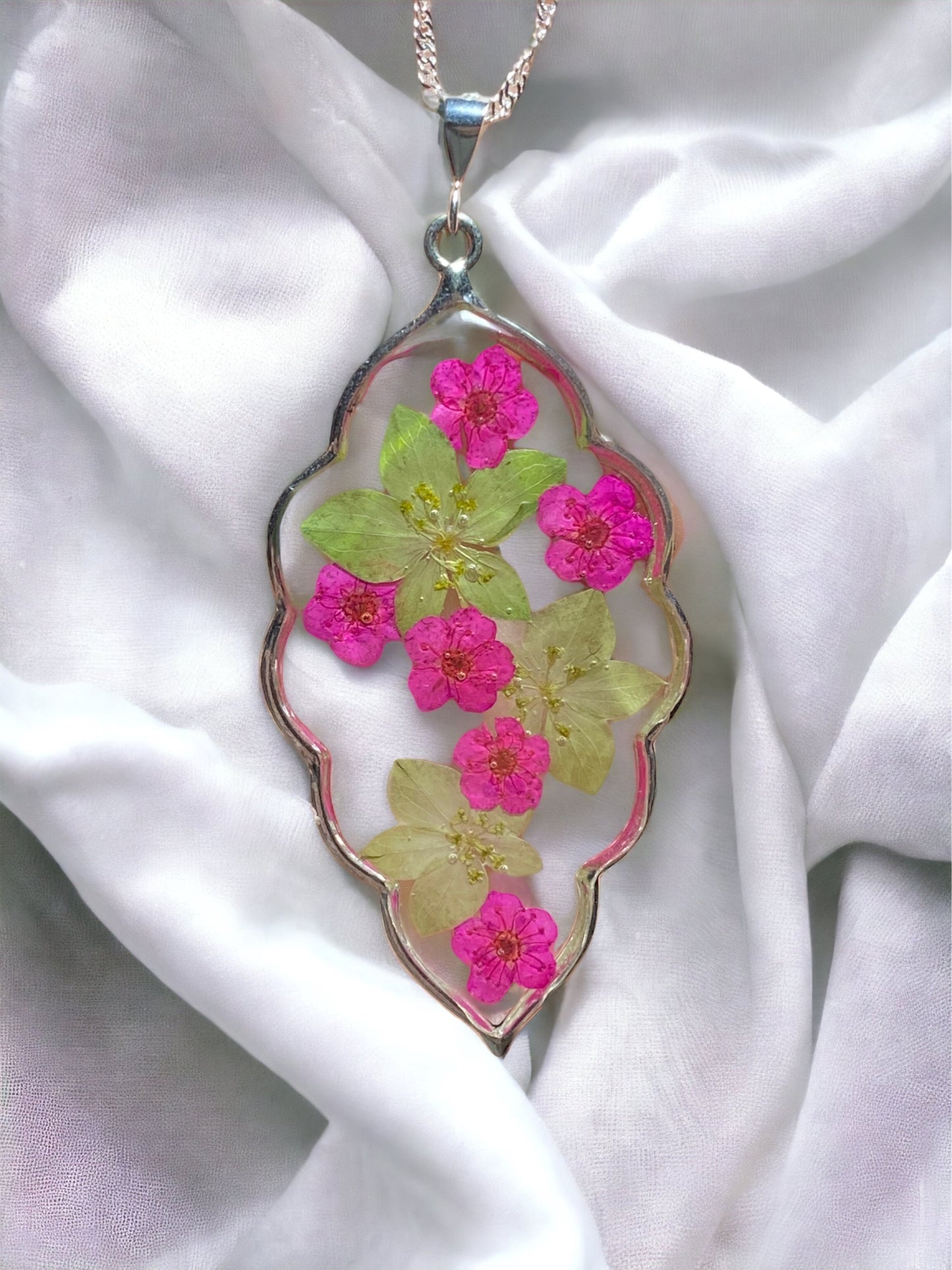 Dry Pressed Euphorbia Helioscopia and Pink Plum Blossom Flower Necklace