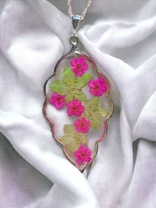 Dry Pressed Euphorbia Helioscopia and Pink Plum Blossom Flower Necklace