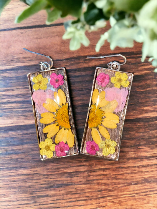 Orange Daisy with Pink Rapeseed, and Yellow and Pink Plum Blossom Earrings