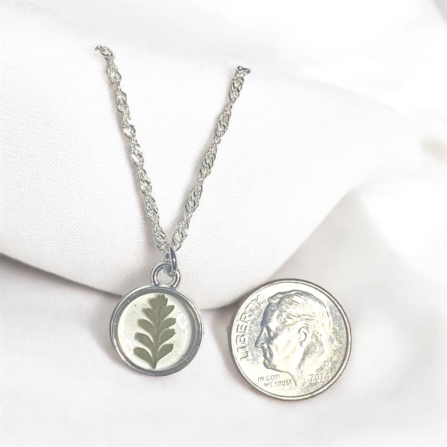 Silver Colored Dainty Necklace with Dry Pressed Fern