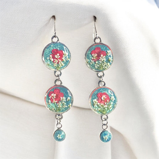 Teal Colored Mica Powder Dangle Earrings with Red Plum Blossoms and Queen Anne’s Lace