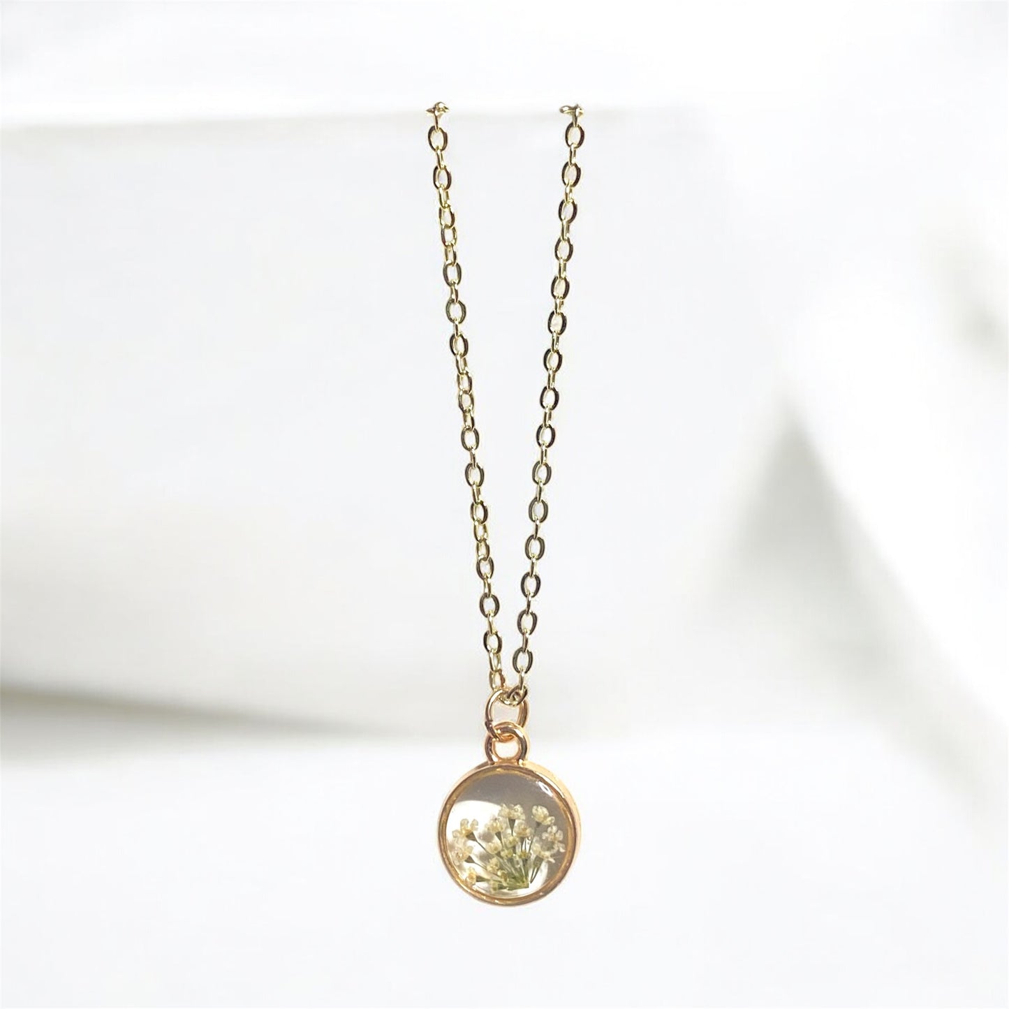 Dainty Rose Gold Bezel with Queen Anne’s Lace on a Brass Chain
