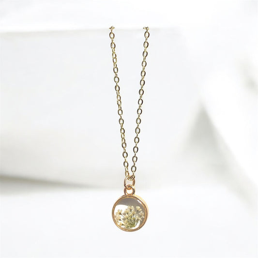 Dainty Rose Gold Bezel with Queen Anne’s Lace on a Brass Chain