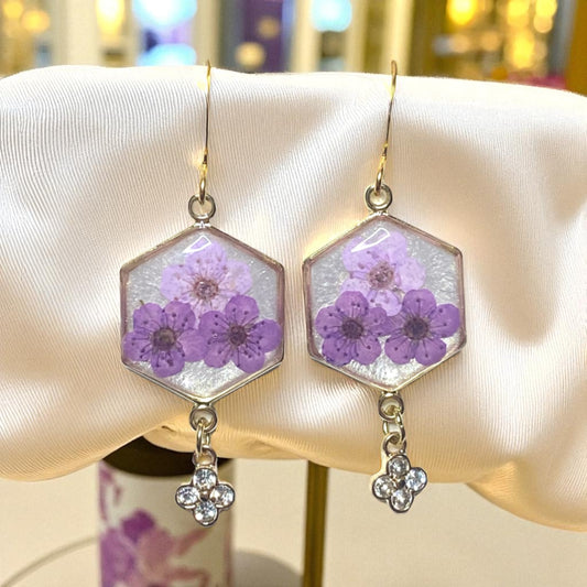 Opal Colored Mica Powder with Light and Dark Purple Plum Blossoms, with a Rhinestone Charm