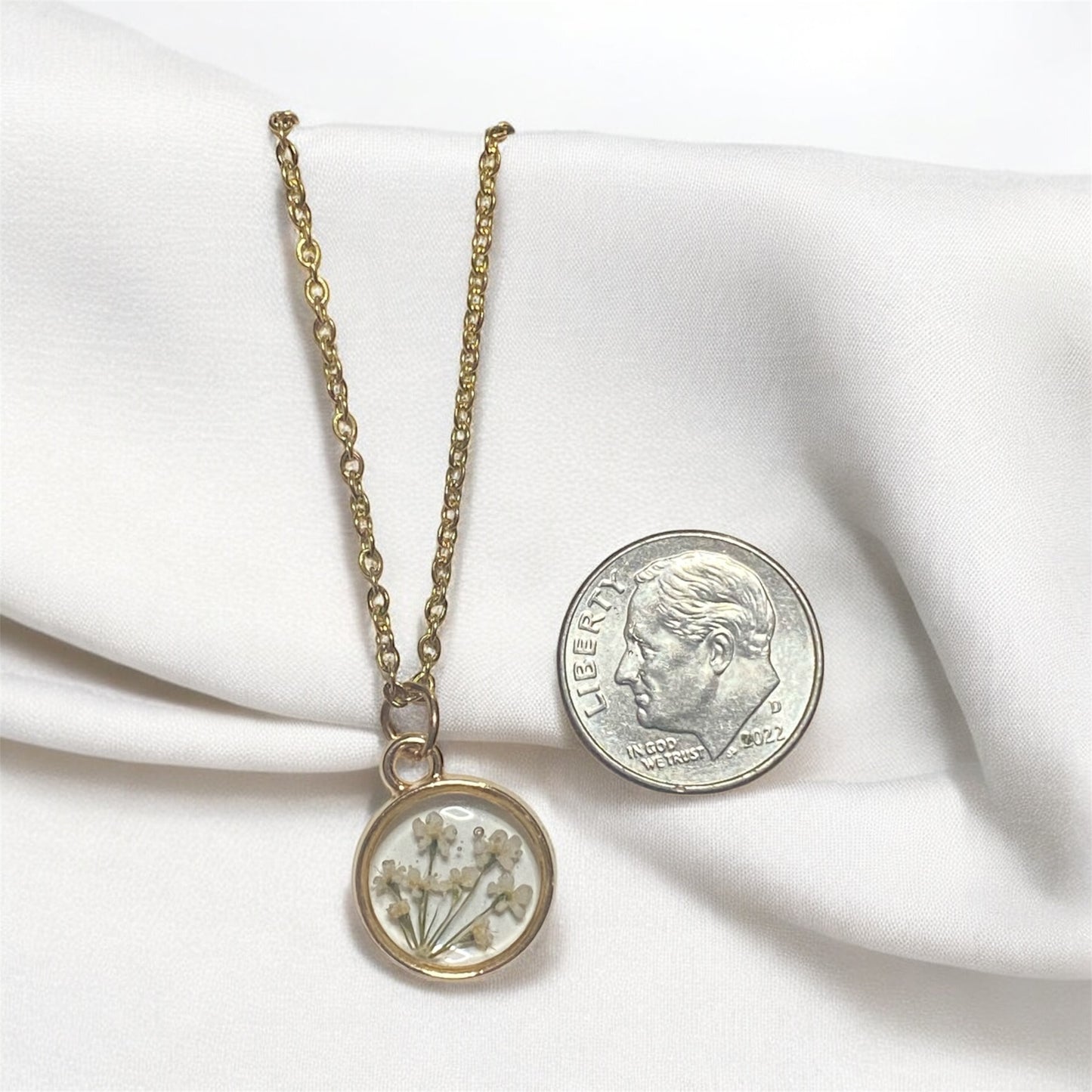 Dainty Rose Gold Bezel with Queen Anne’s Lace on a Brass chain