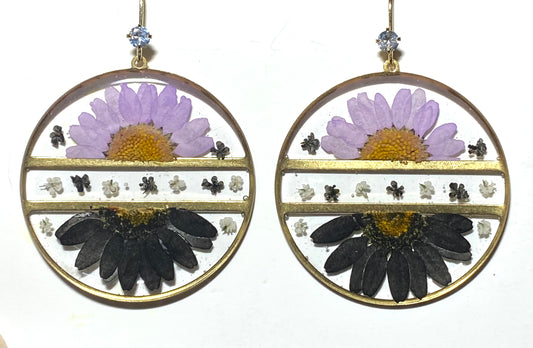 Split Black and Purple Daisies with pieces of White and Black Queen Anne’s Lace