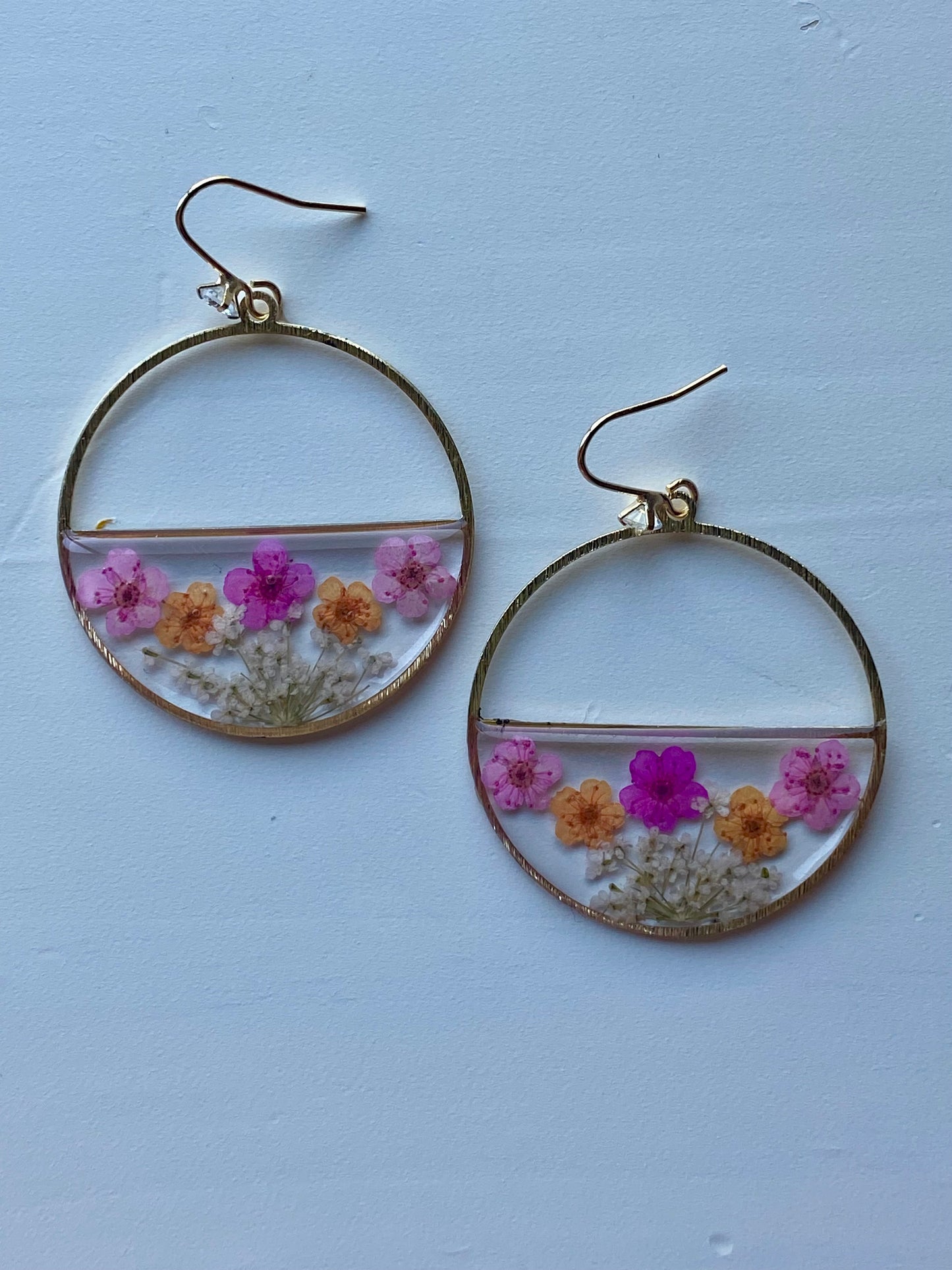 Light Pink, Orange and Hot Pink Plum Blossom Flowers with White Queen Anne’s Lace Earrings