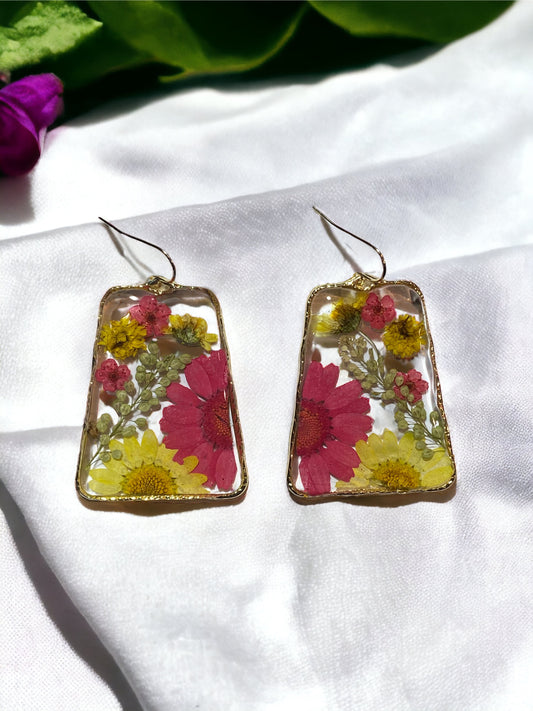 Red and Yellow Daisies with Pepperweed and Red Plum Blossom Flower Earrings