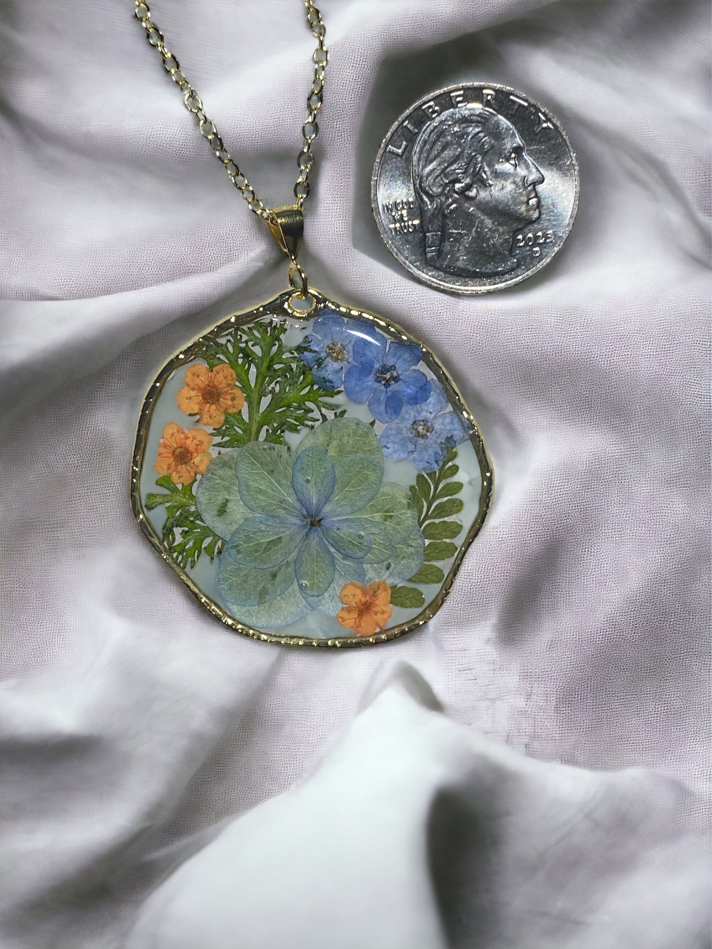 Double Petal Green Hydrangea with  Blue Forget-Me-Not’s and Orange Plum Blossom flower Necklace