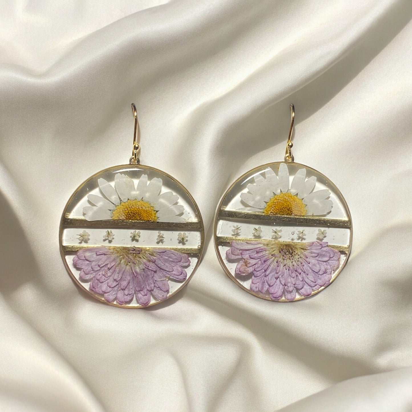 Daisy, and Chrysanthemum Flowers with Queen Anne’s Lace Earrings