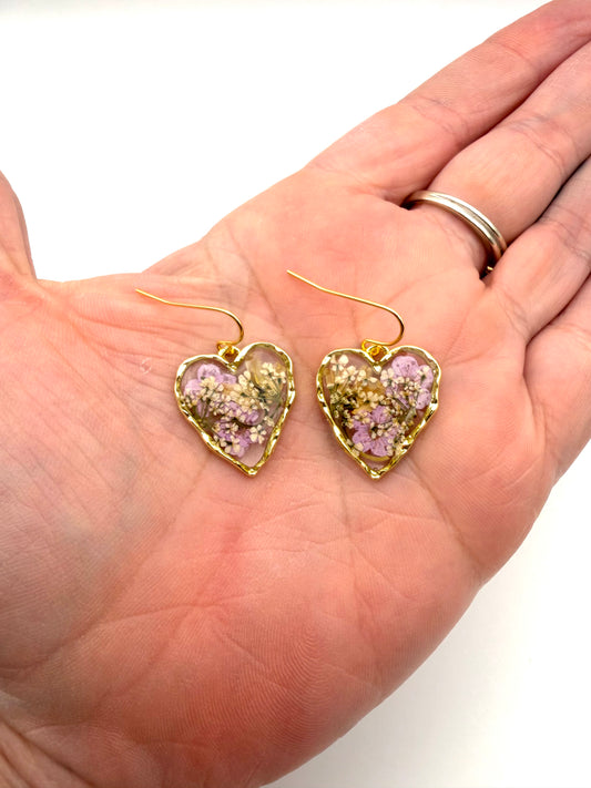 Heart Shaped Earrings with Light Purple Plum Blossoms, Queen Anne’s Lace and Lily of the Valley