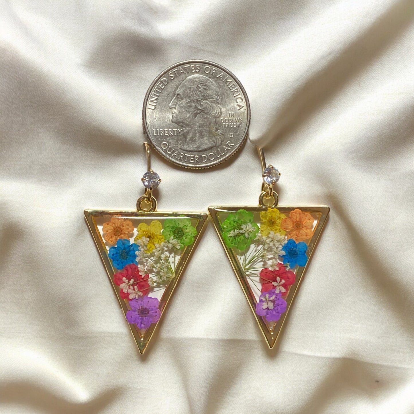 Green, Yellow, Orange, Blue, Red, and Purple Plum Blossom Flowers with Queen Anne’s Lace Earrings