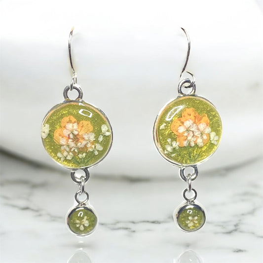 Groovy Green Colored Mica Powder (Single) Dangle Earrings with Orange Plum Blossoms and Queen Anne’s Lace