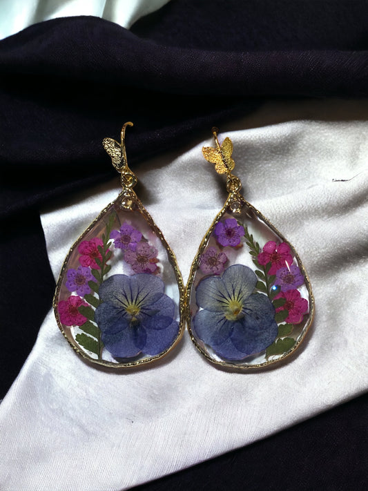 Purple Pansy with Pink and Purple Plum Blossom Flower Earrings