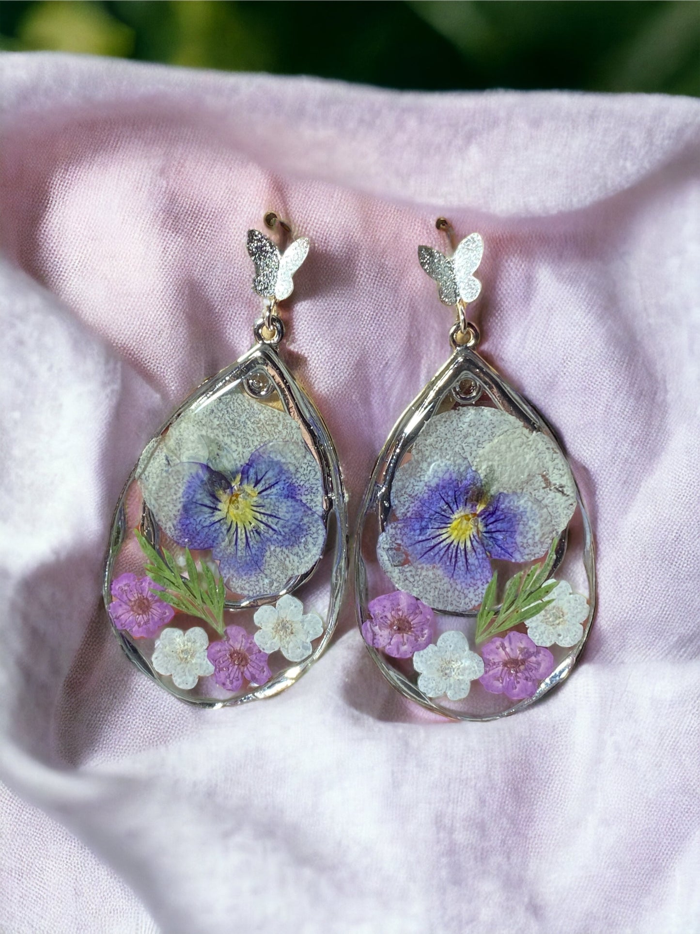 Pansies with Purple and White Plum Blossom Earrings.