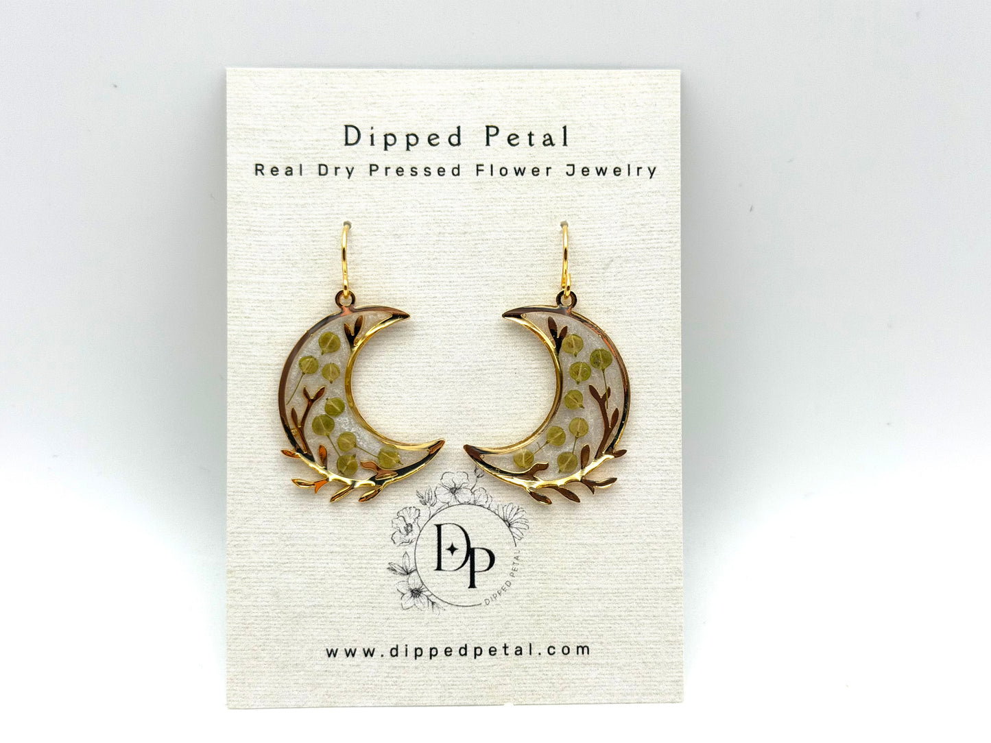 Gold Plated Crescent Moons filled with Opal Mica Powder and Pieces of Pepperweed