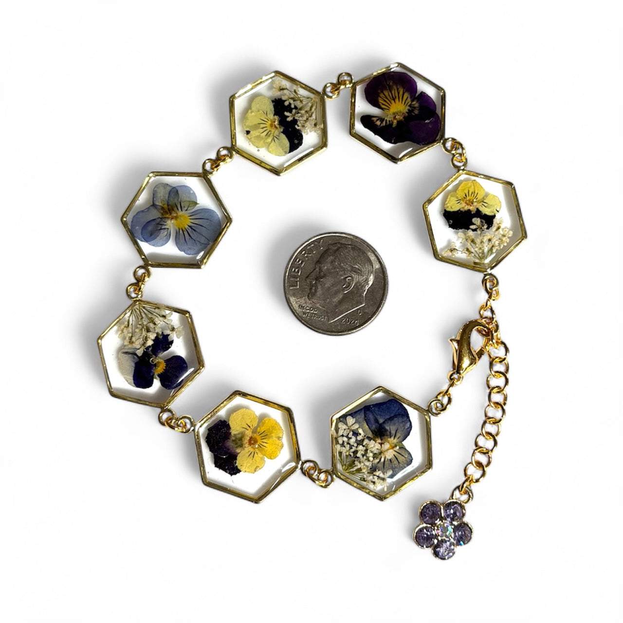 Gold Colored Bracelet with Mini Pansies, Queen Anne’s Lace and a Purple Flower Gemstone Charm