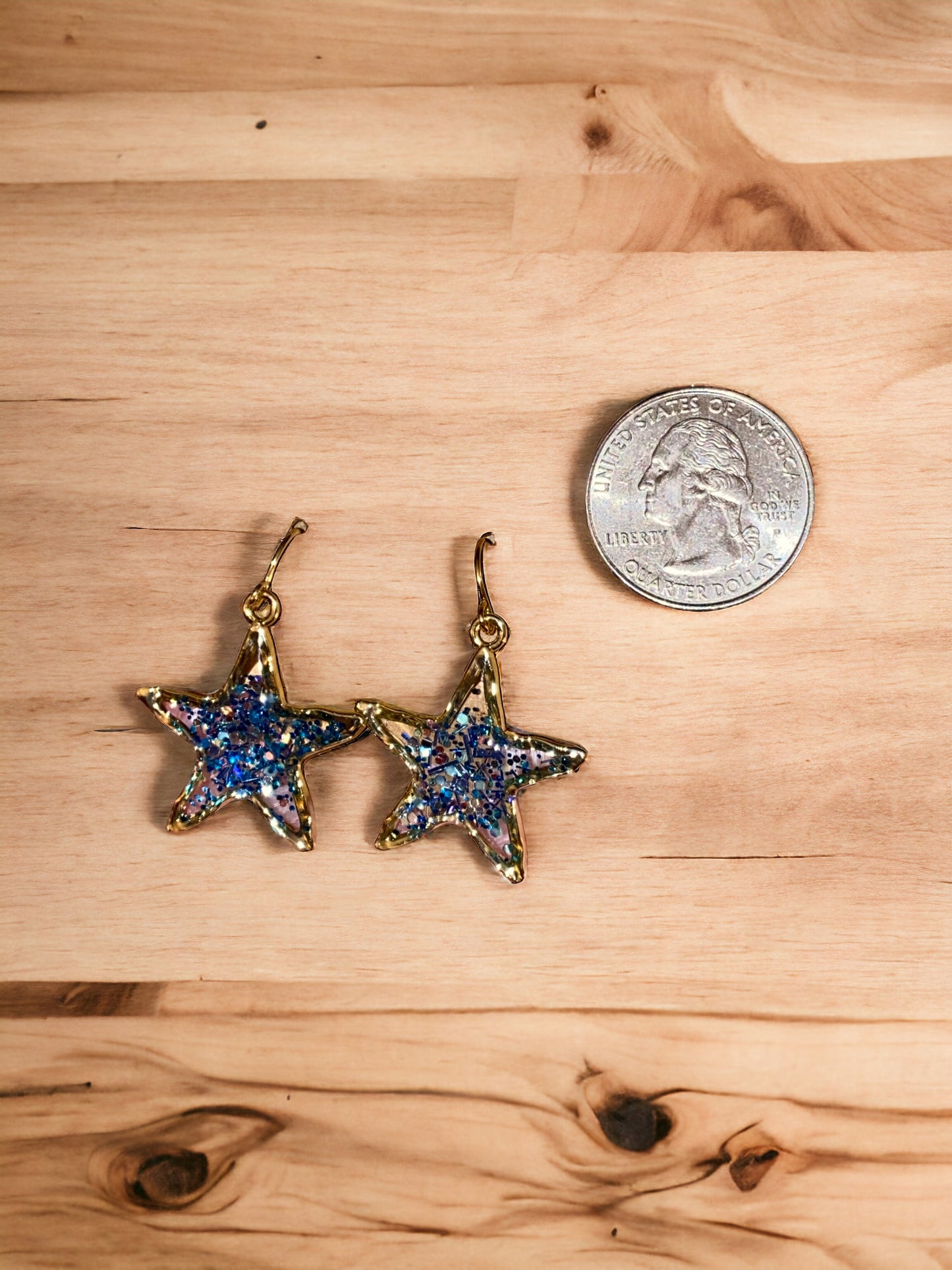Blue Chunky Glitter in Star Shaped Bezel Earrings
