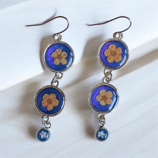 Orange Plum Blossoms with Blue Mica Powder Dangle Earrings