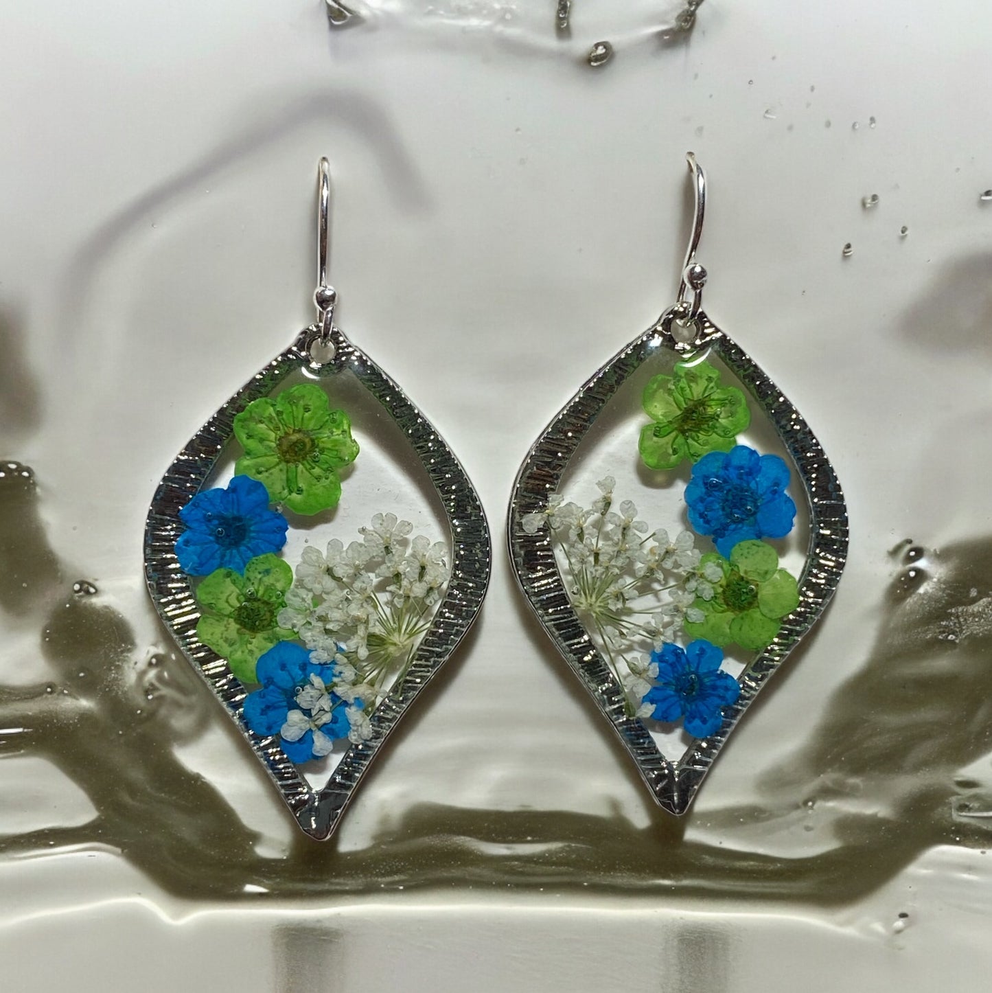 Green and Blue Plum Blossom Flowers with Queen Anne’s Lace Earrings