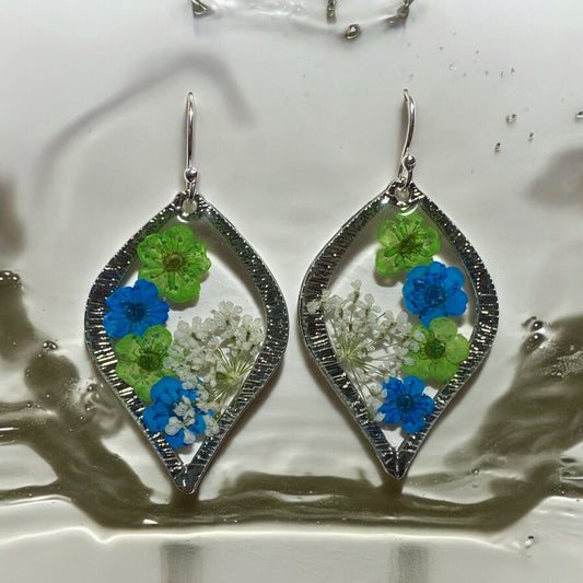 Green and Blue Plum Blossom Flowers with Queen Anne’s Lace Earrings
