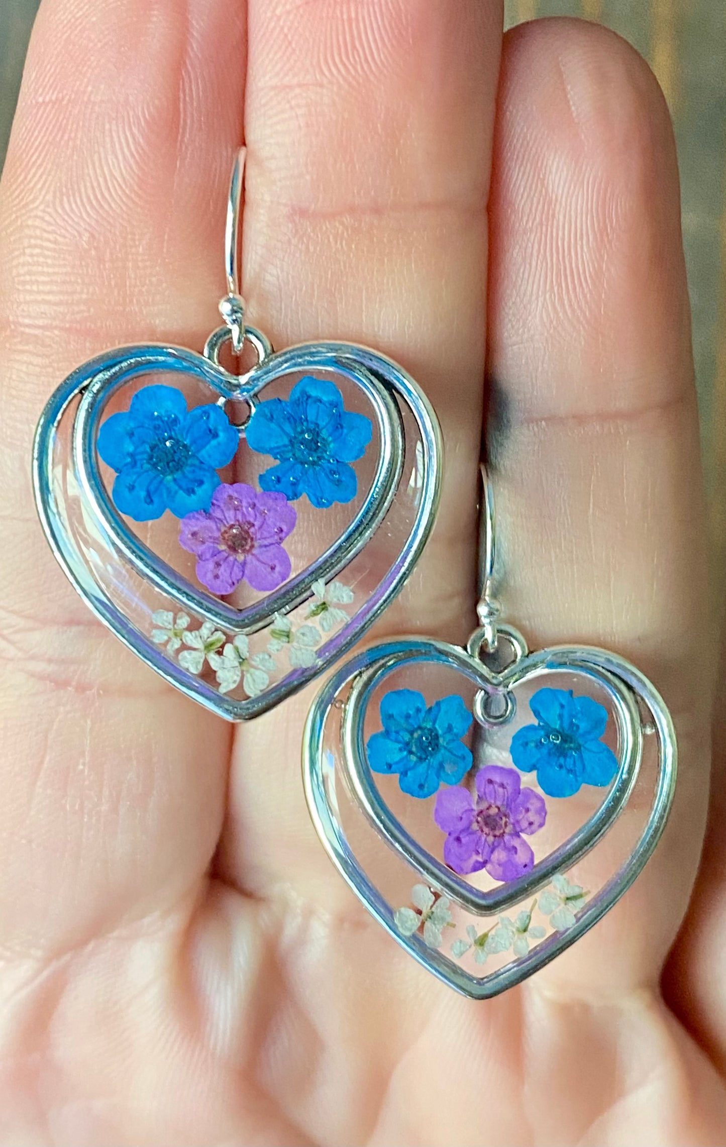 Purple and Blue Plum Blossom Flower Heart Earrings