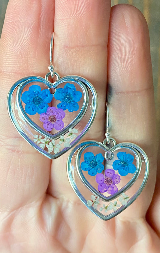 Purple and Blue Plum Blossom Flower Heart Earrings