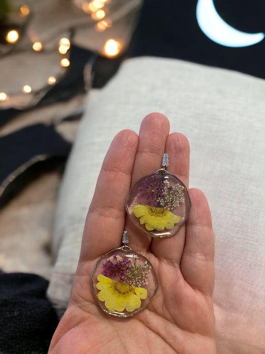 Yellow Daisy with Purple and White Queen Anne’s Lace Earrings