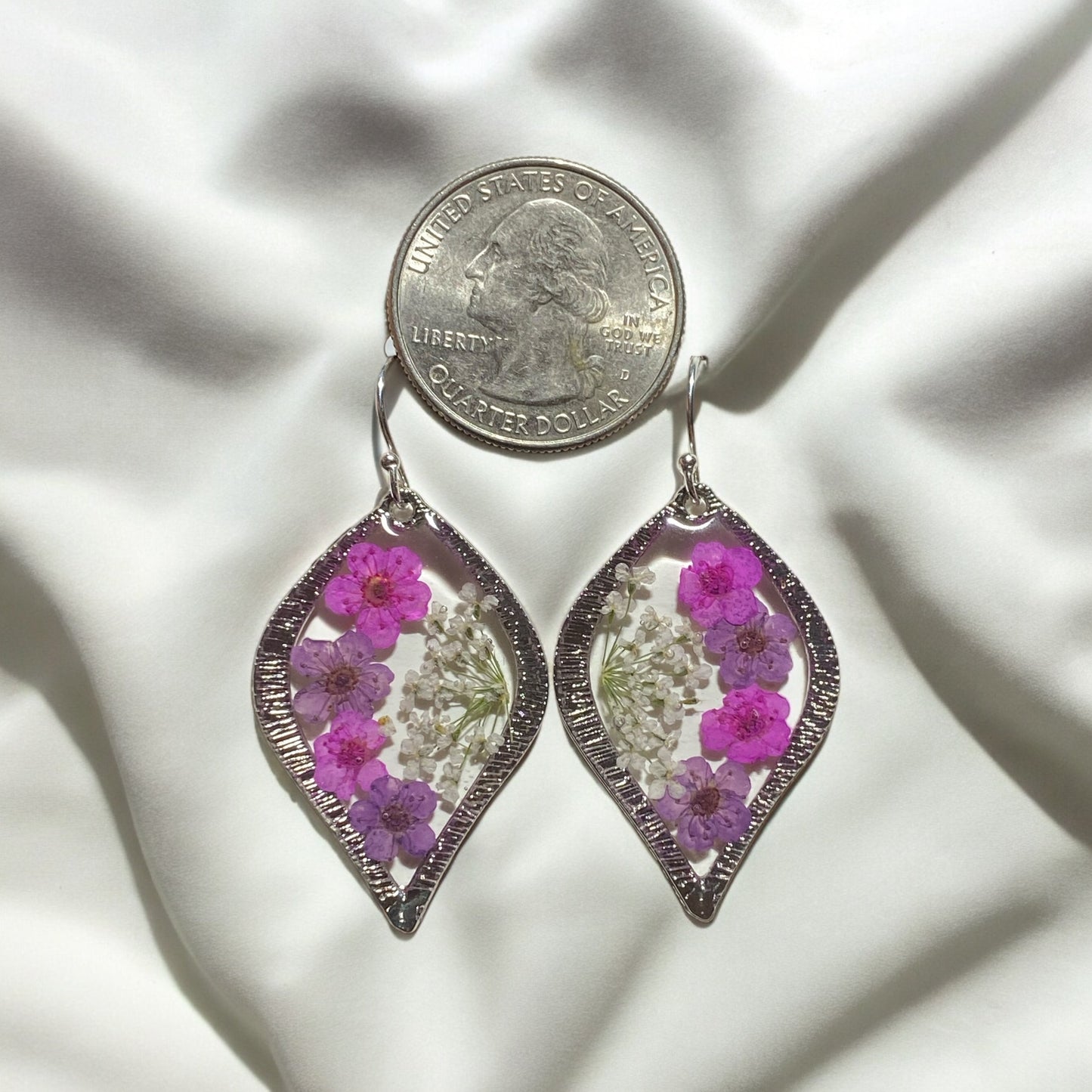 Pink and Purple Plum Blossom Flowers with Queen Anne’s Lace Earrings