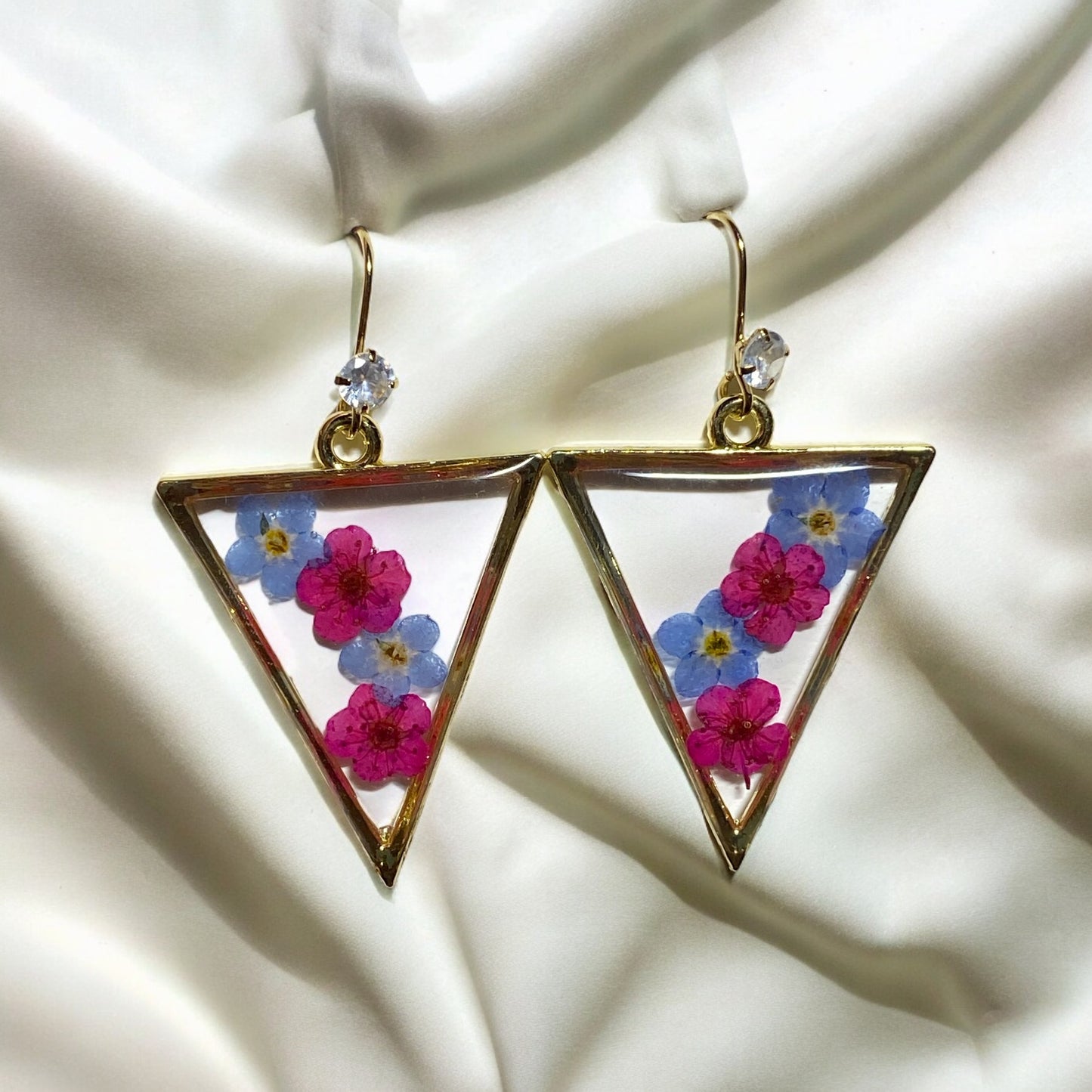 Hot Pink Plum Blossom Flowers with Blue Forget-Me-Not Earrings