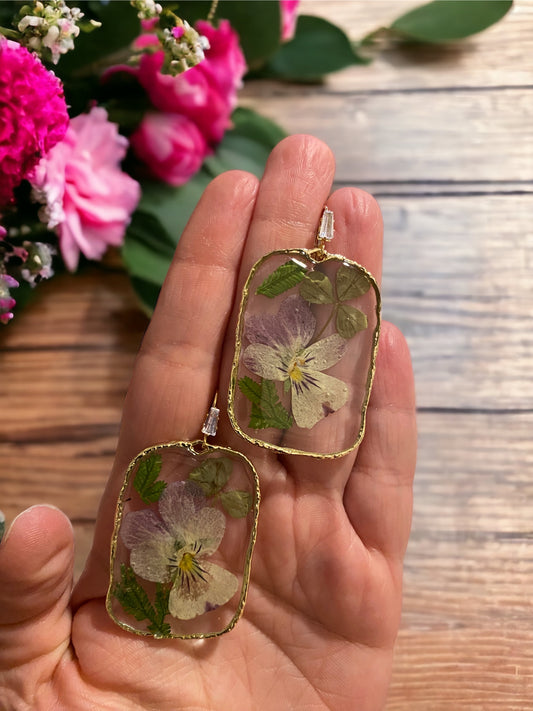 Light Purple and White Pansy with Dry Pressed Clover Earrings