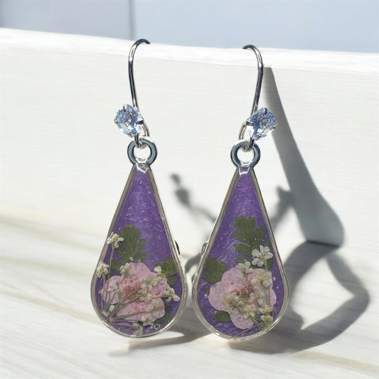 Purple Mica Powder with Light Pink Plum Blossoms, Dry Pressed Fern, and Pieces of Queen Anne’s Lace