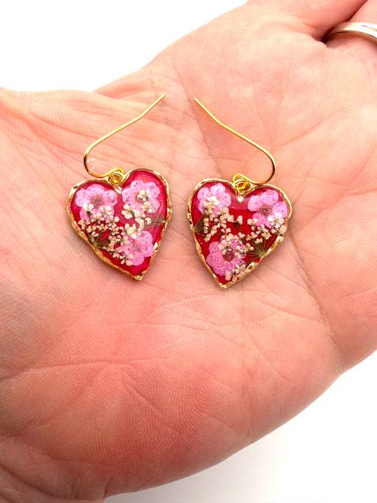 Heart Shaped Earrings with Red/Pink Colored Mica Powder, Pink Plum Blossoms Queen Anne’s Lace