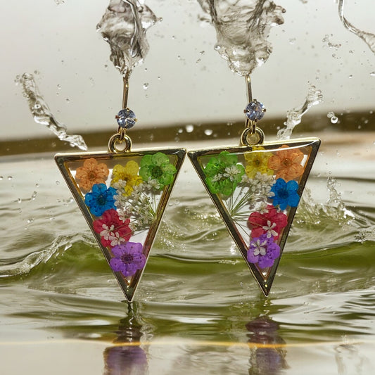 Green, Yellow, Orange, Blue, Red, and Purple Plum Blossom Flowers with Queen Anne’s Lace Earrings