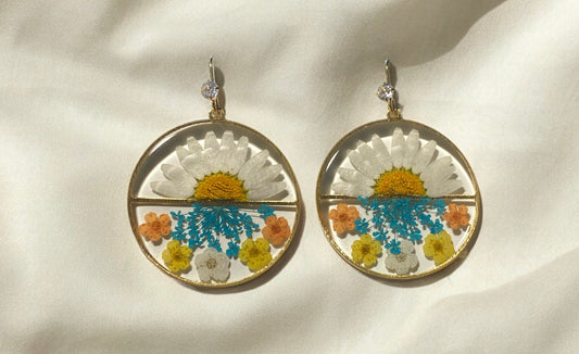 Daisies, Plum Blossoms, and Teal Queen Anne’s Lace Earrings