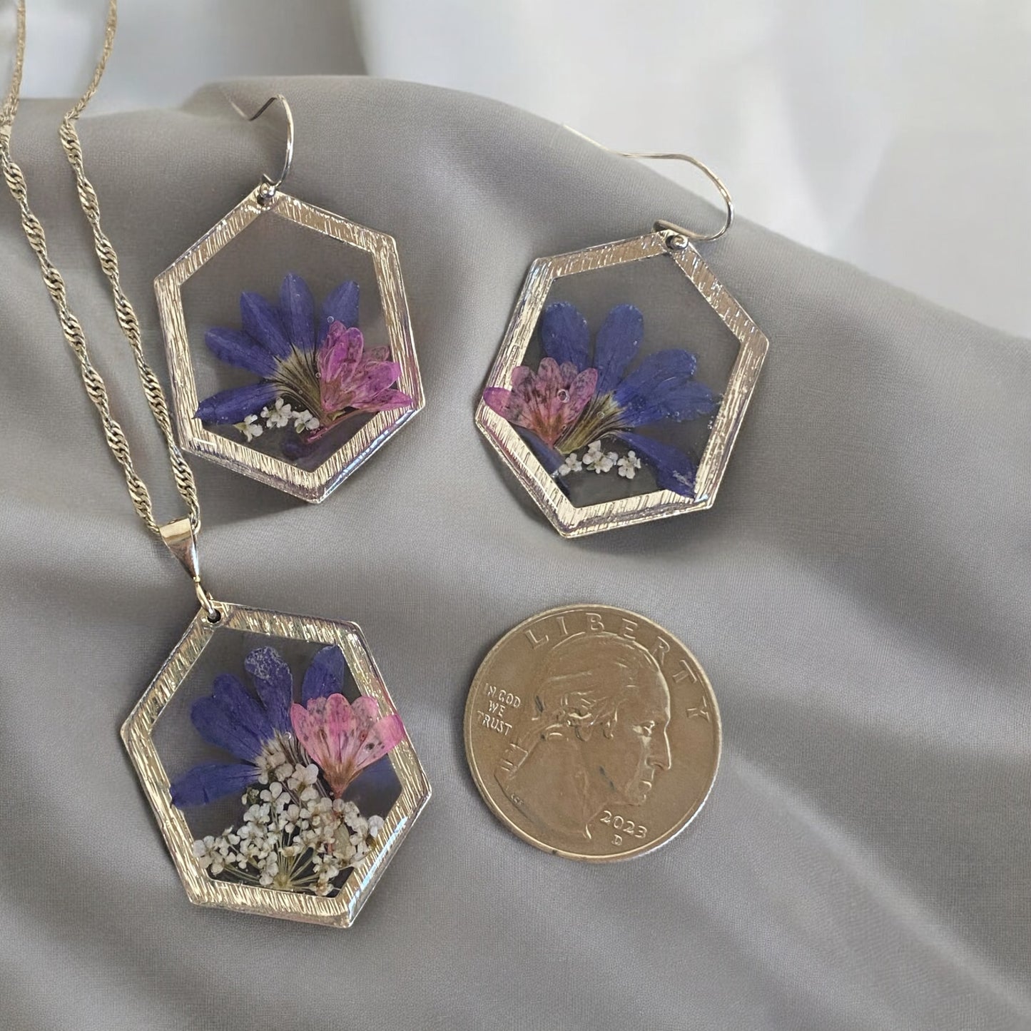 Blue Fairy Fan with pieces of Queen Anne’s Lace and Pink Wild Flower