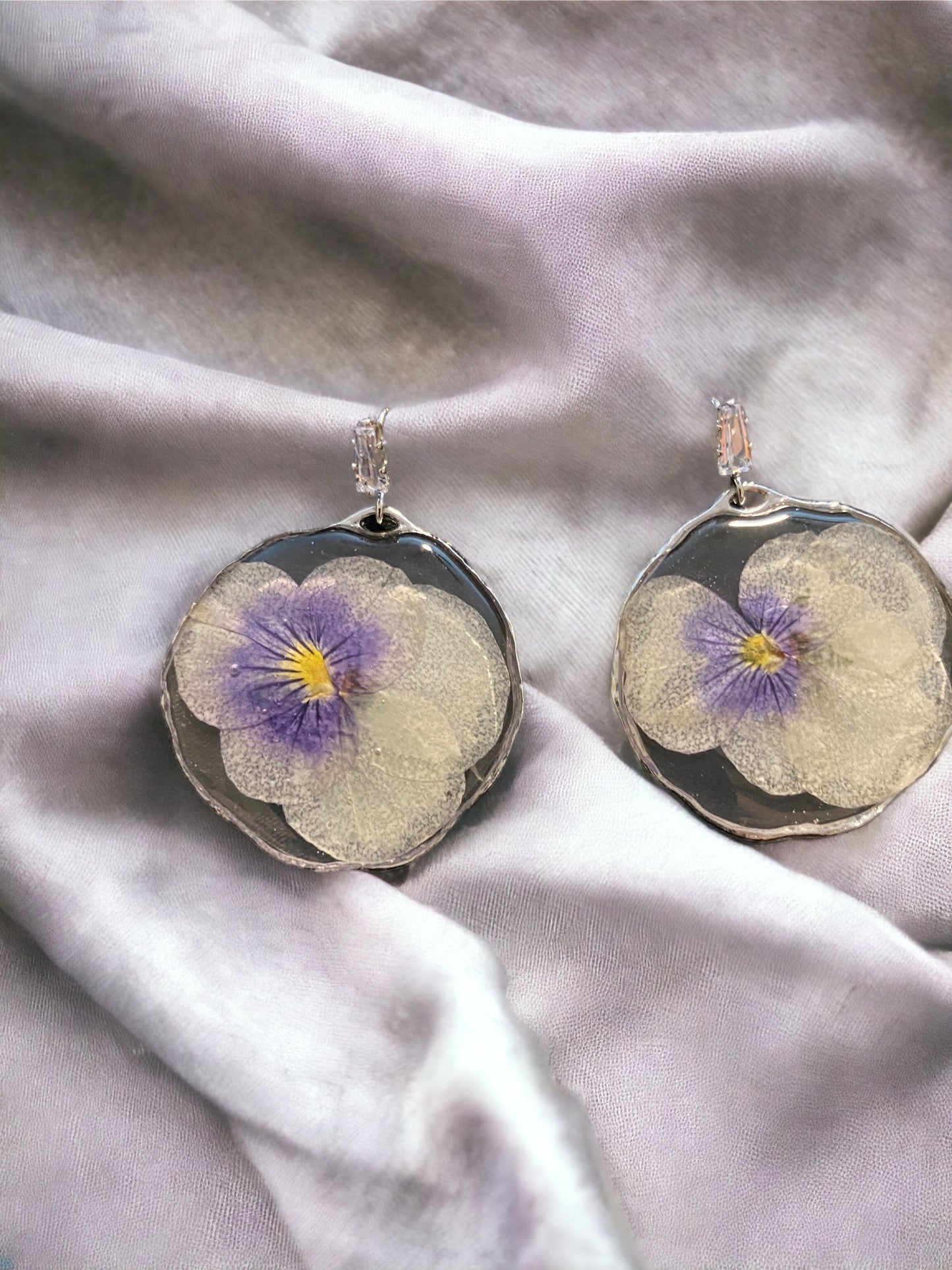 White and Purple Pansy Earrings