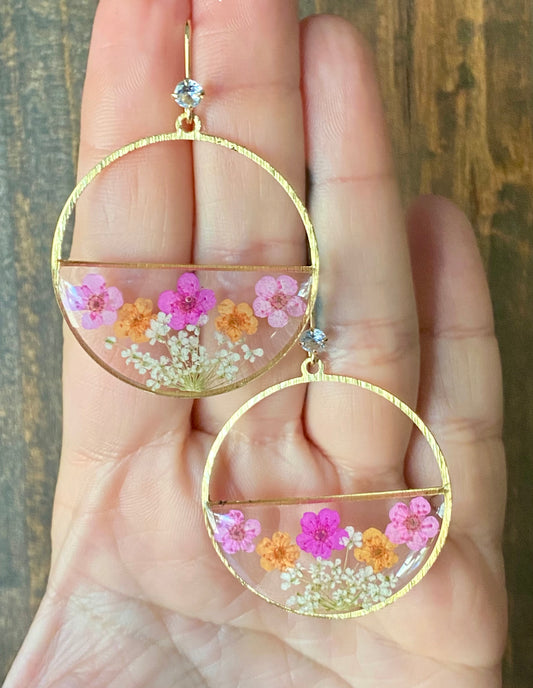 Light Pink, Orange and Hot Pink Plum Blossom Flowers with White Queen Anne’s Lace Earrings