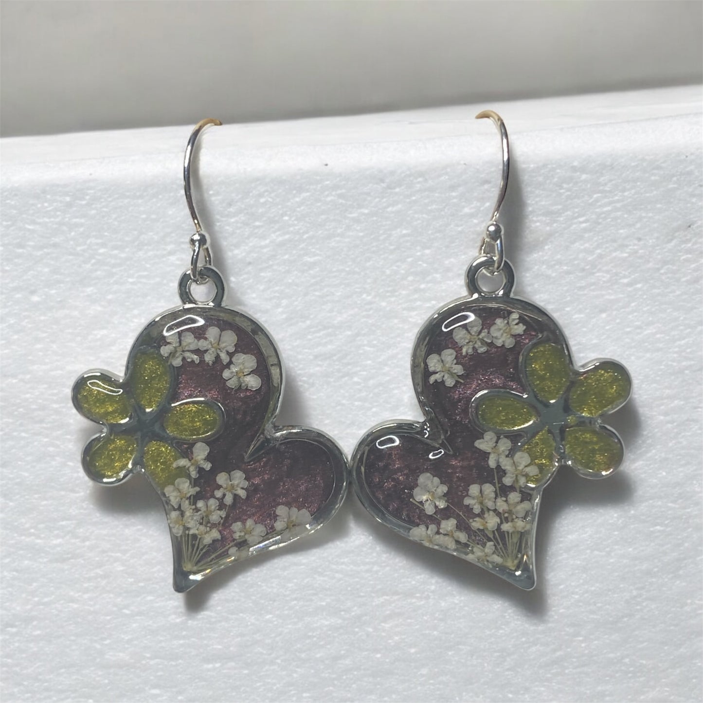 Dark Purple and Green Earrings with Queen Anne’s Lace