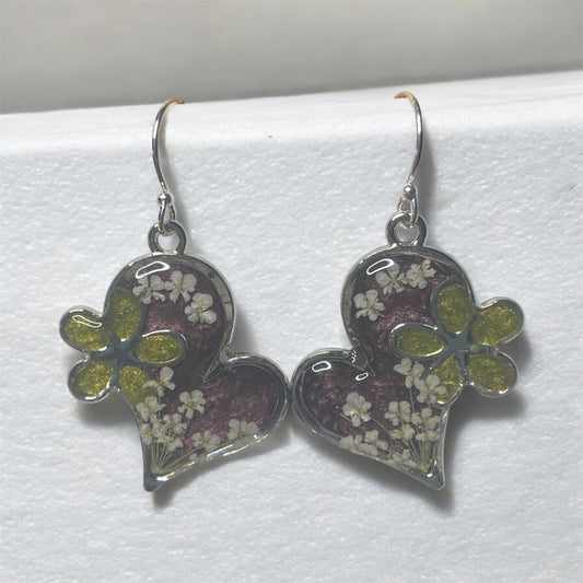 Dark Purple and Green Earrings with Queen Anne’s Lace