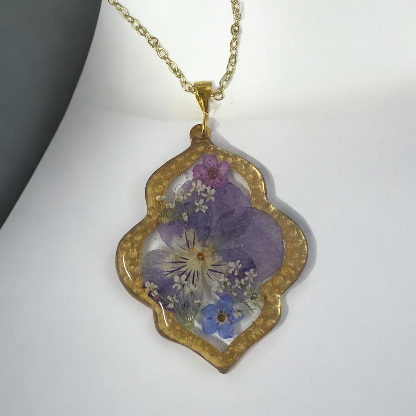 Purple Pansy with Purple Plum Blossom, Blue Forget-Me-Nots and pieces of Queen Anne’s Lace