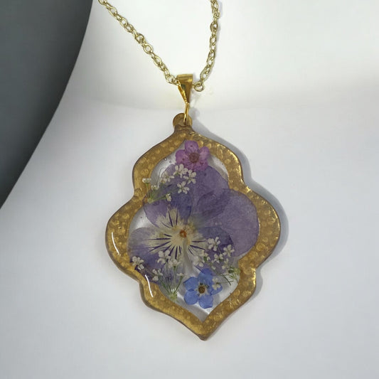 Purple Pansy with Purple Plum Blossom, Blue Forget-Me-Nots and pieces of Queen Anne’s Lace