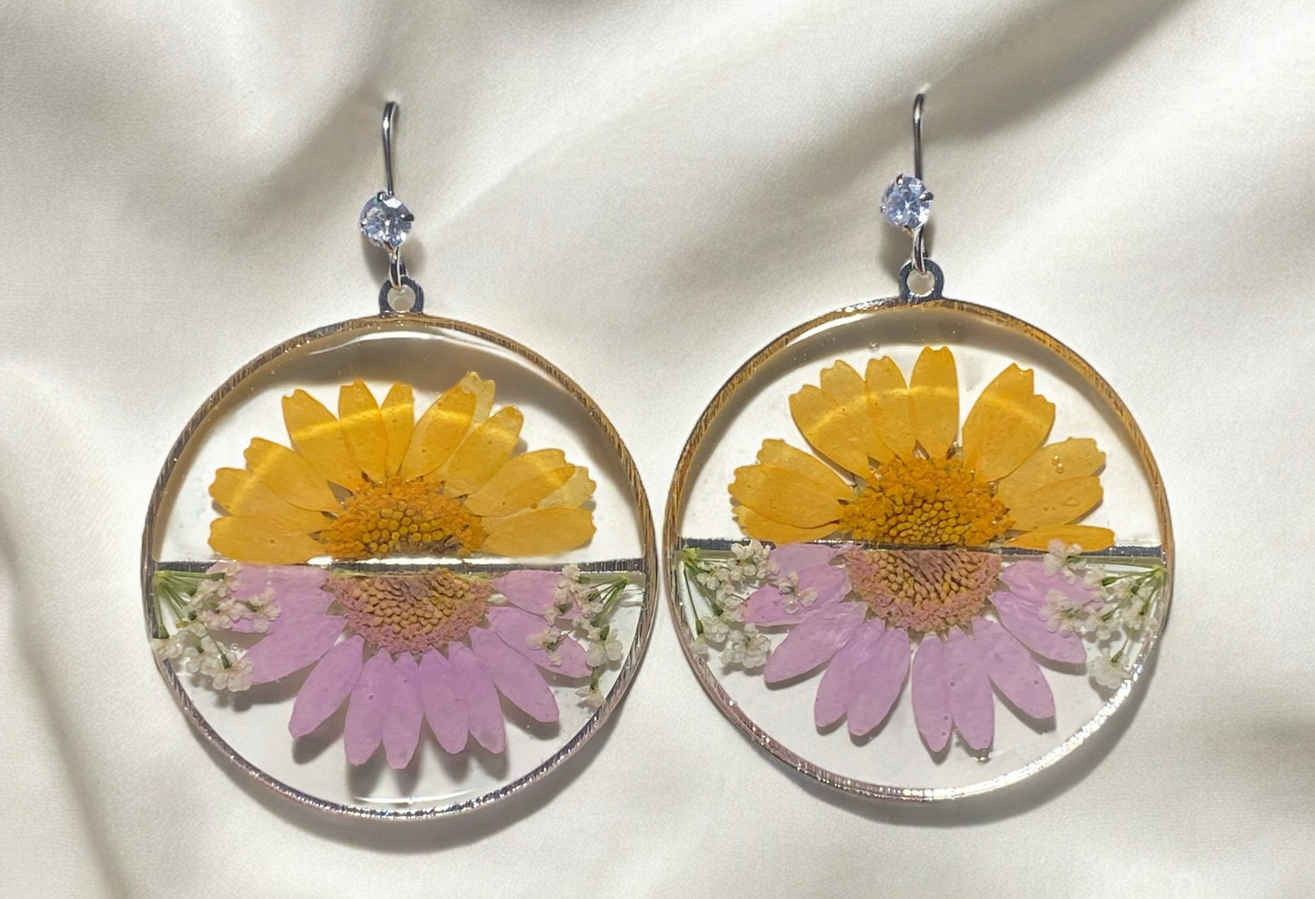 Yellow and Light Purple Daisies with Queen Anne’s Lace Earrings