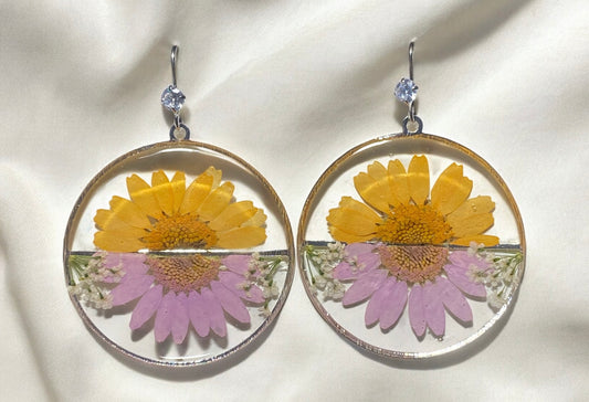 Yellow and Light Purple Daisies with Queen Anne’s Lace Earrings