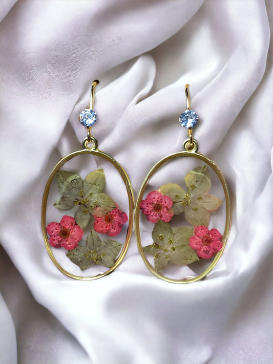 Dry Pressed Euphorbia Helioscopia with 
Red Plum Blossom Flower Earrings