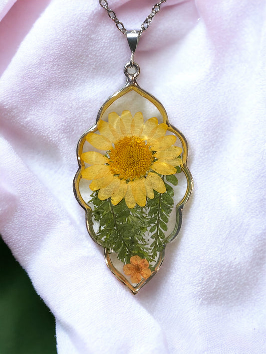 Yellow Daisy with Orange Plum Blossom Flower and Dry Pressed Fern Necklace