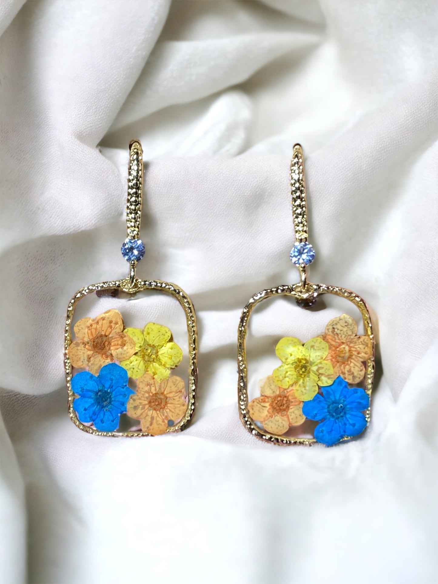 Orange, Yellow and Blue Plum Blossom Flower Earrings